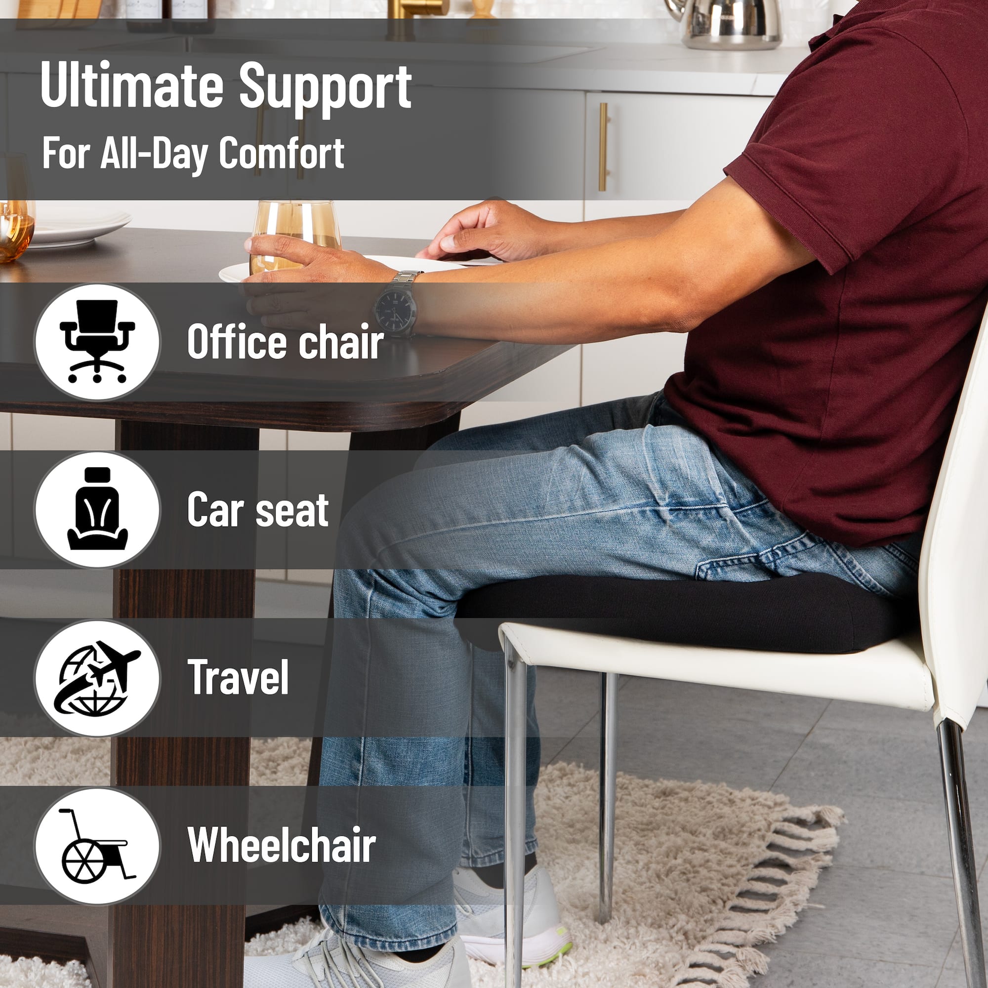 Mind Reader Air-Cloud Booster Seat Cushion for Office, Car, Wheelchair, Support Pillow with Carry Handle, Black